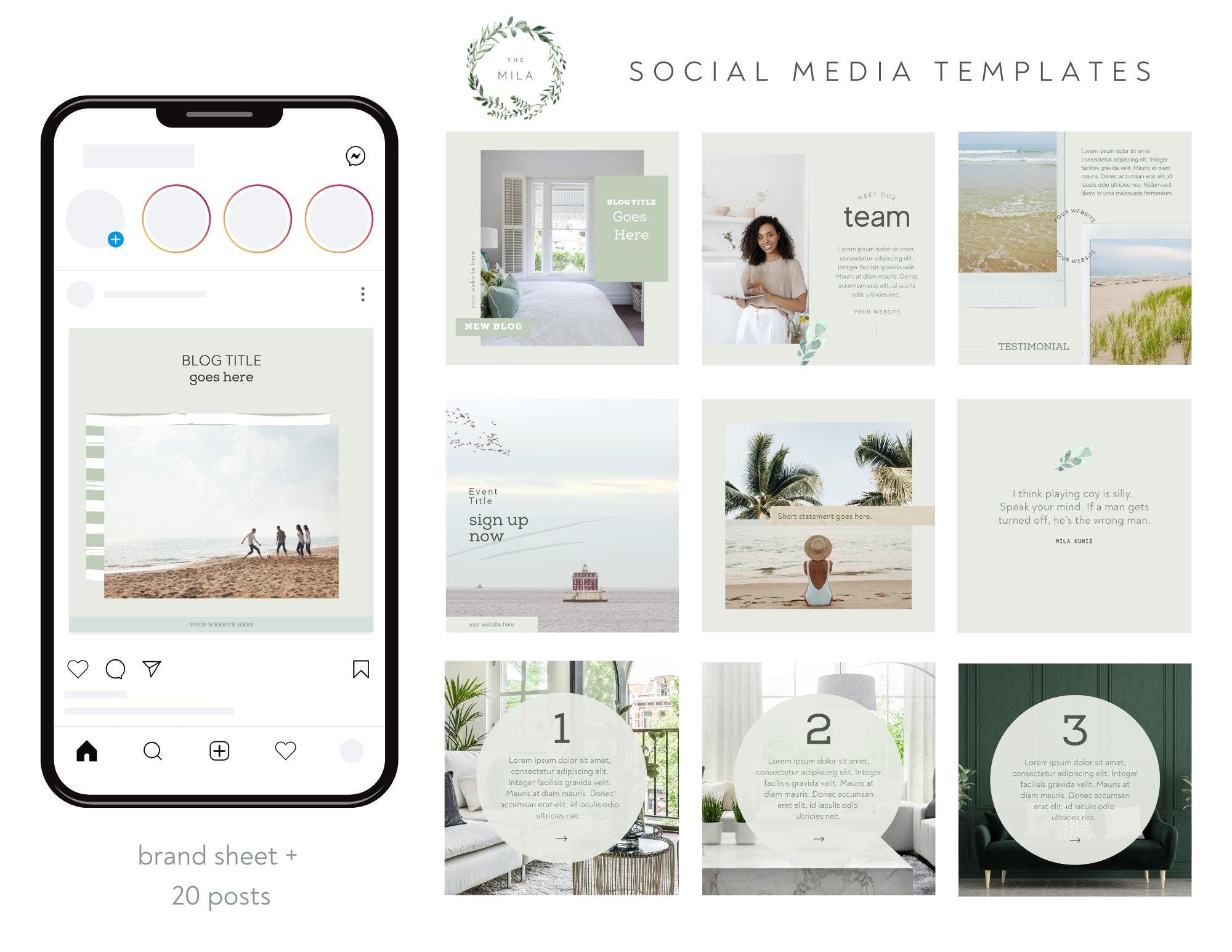 Coastal Instagram posts. New 4:5 Instagram size. Coastal branding. Branding sheet. Social media templates. Influencer posts. Blog branding.
