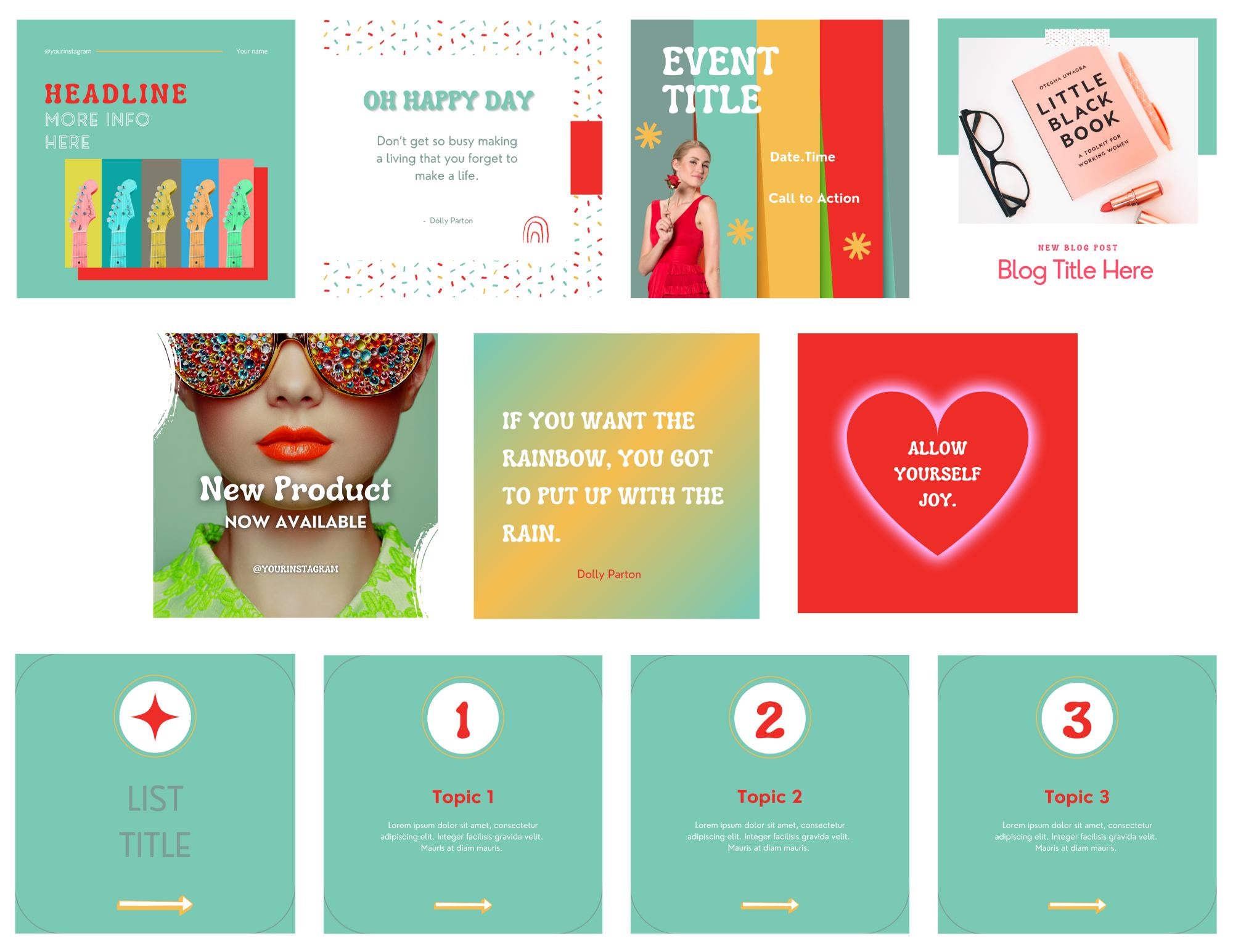 Bright instagram posts. New 4:5 Instagram size. Instagram template Canva. Podcaster branding kit. Social media templates. Punchy instagram.