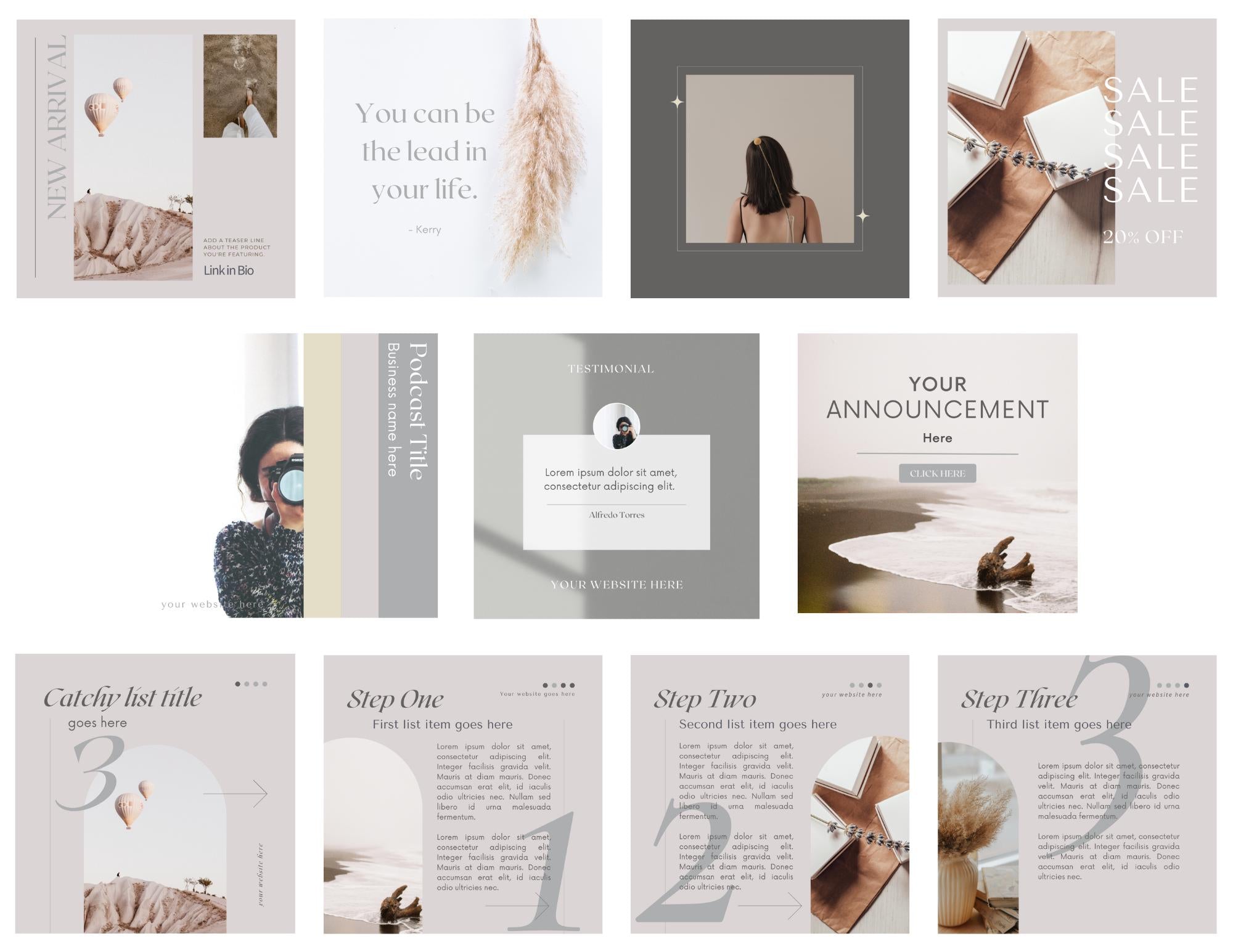 Neutral Aesthetic Instagram posts. New 4:5 instagram size templates. Instagram posts customizable. Branding kit. Influencer post templates.