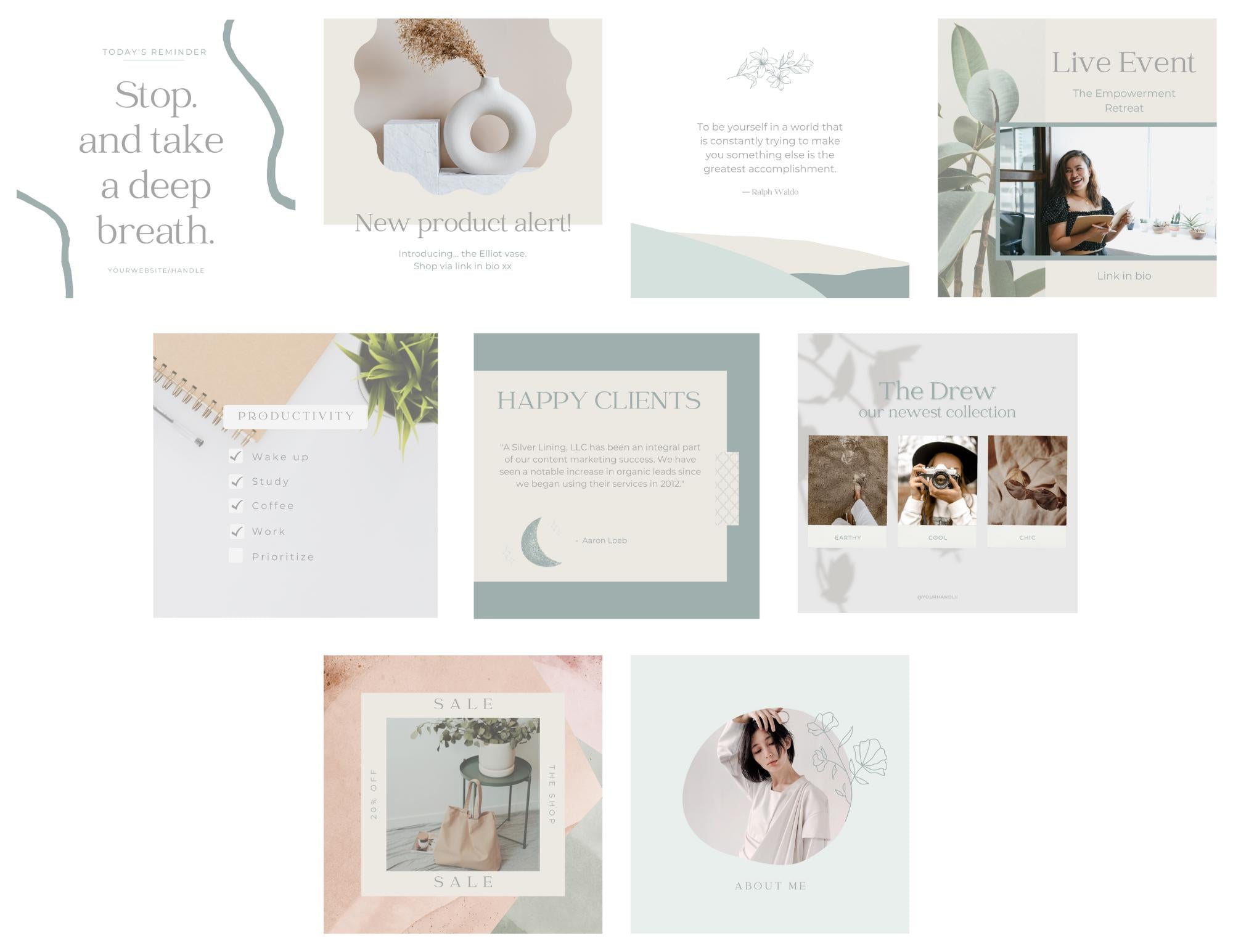 Serene Instagram posts. New 4:5 Instagram size. Canva template Instagram. Branding kit. Creative agency branding. Influencer post templates.